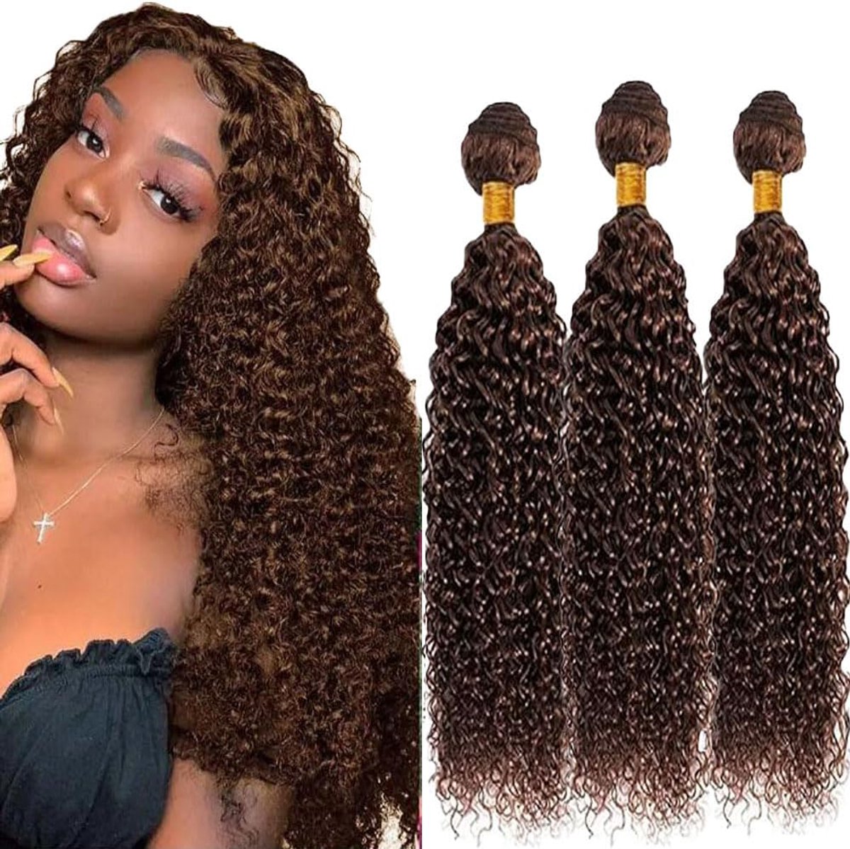 Hair Bundles Kinky Curly Hair Extension Double Weft #4 Chocolate Brown Unprocessed Brazilian Virgin Hair Minimal Tangle 3 Bundle Total 300g 18 20 22 Inch