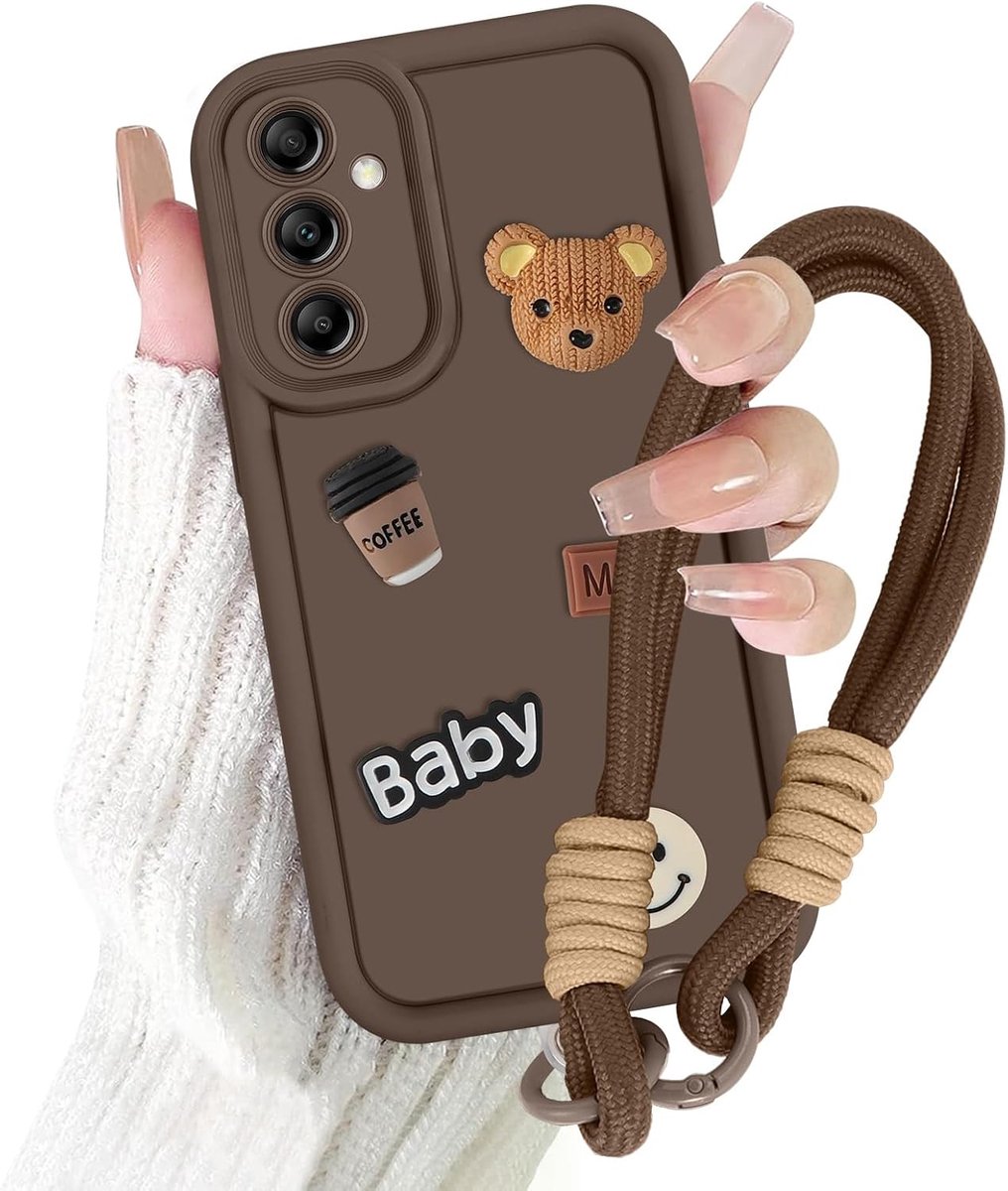 Telefoonhoes voor Samsung Galaxy A26 5G, 6,64 inch, met band, ketting, esthetisch 3D beer teddybeer motief, schattig design, bruin, meisjes, zachte siliconen hoes met koord, camerabescherming