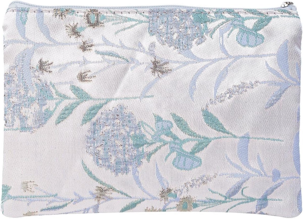 Cosmetische tas dames klein 20x14cm plat - toilettas Necessaire, Vintage brokaat blauw, Minimalistisch