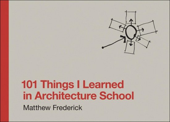 Boek '101 Things I Learned in Architecture School' van Matthew Frederick. Crèmekleurige kaft met rode tekst en een schematische tekening van een vierkant met pijlen.