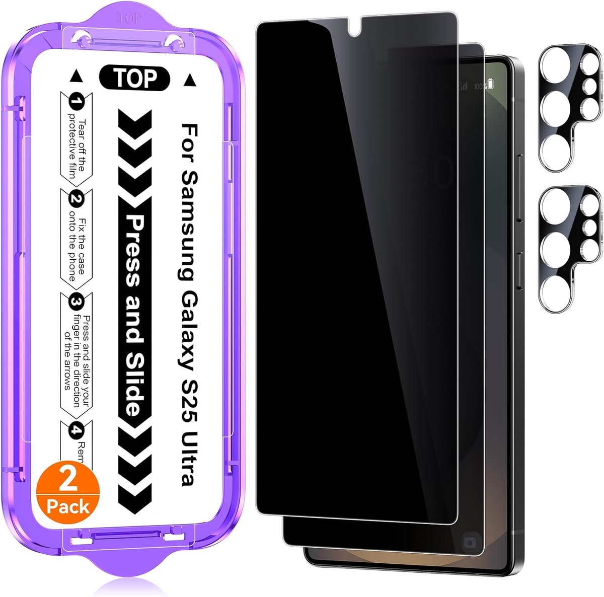 2-Stuks Privacy Glass Screen Protector voor Samsung Galaxy S25 Ultra 6,7" met 2-Stuks Kameraschutz, Anti-Gluren Gehard Glas Film Schermbeschermer met Auto-uitlijning Eenvoudige Installatietool