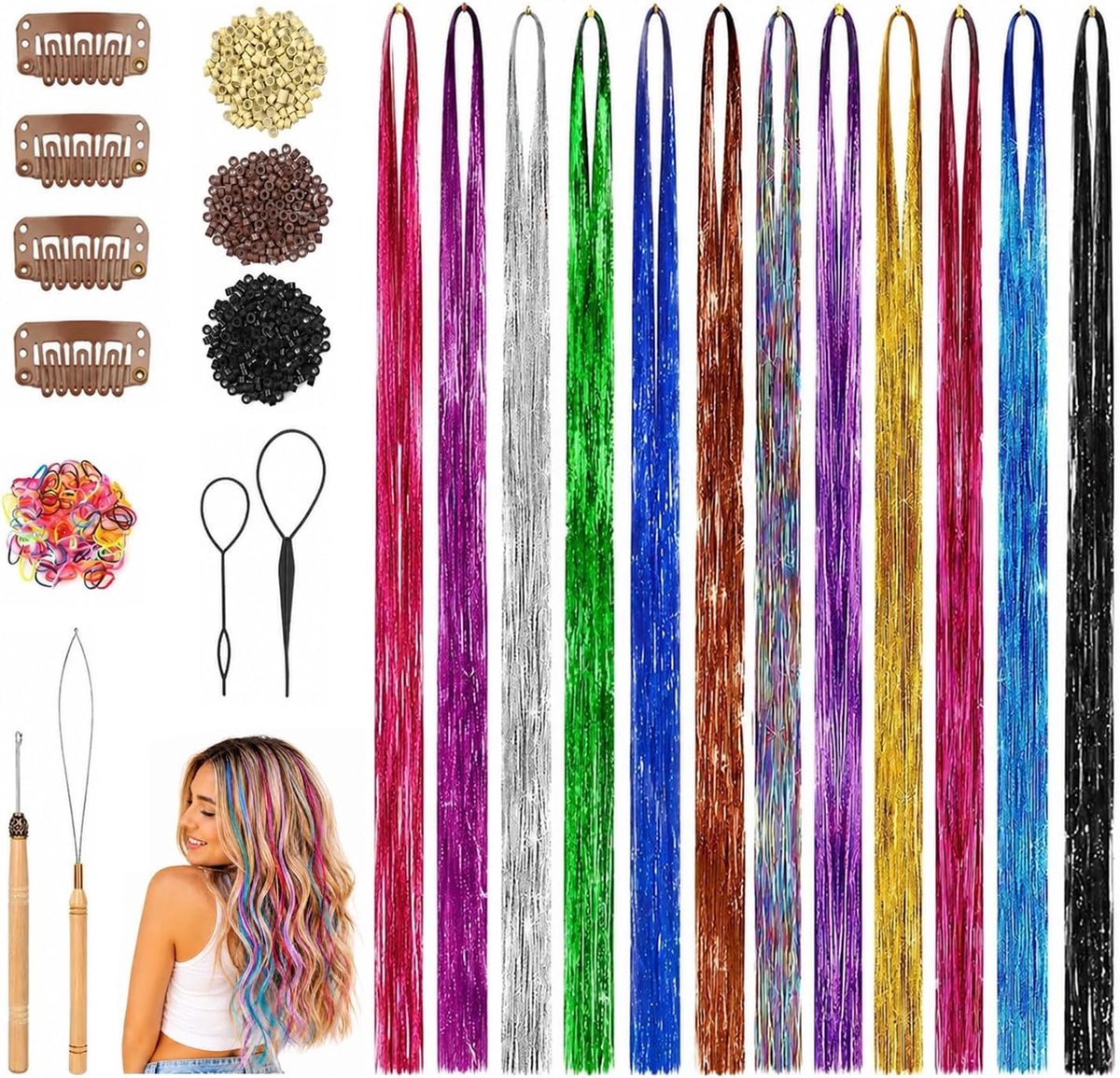 Haarlint Uitbreidingsset met 12 holografische kleuren, glinsterende strengen, regenboog haarextensies voor vrouwen, meisjes en kinderen, voor festivals en feesten