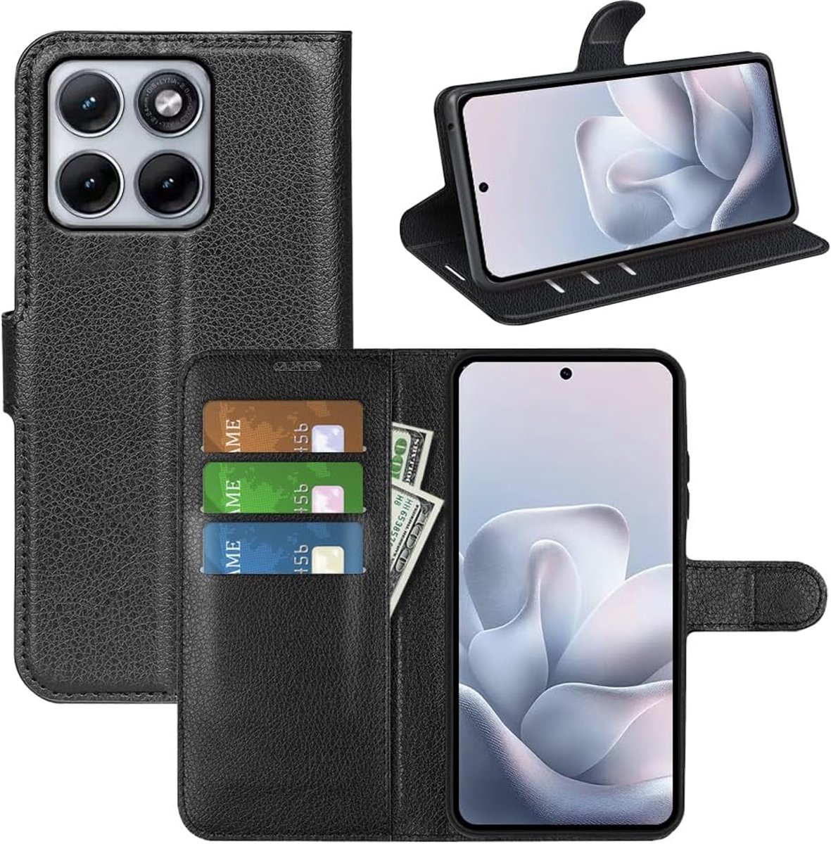 Beschermhoes voor Motorola Edge 70 Fusion, klaphoes van leer, dun, met standaard, magnetische gesp en kaartsleuven, zwart