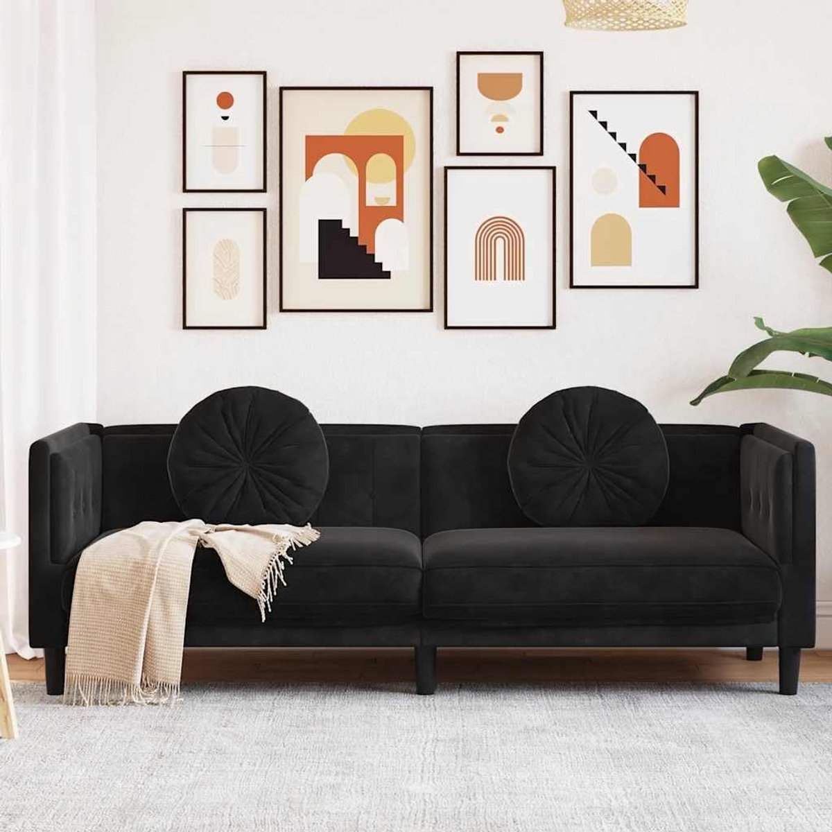3-zitsbank met kussens in zwart fluweel – Zachte velours sofa met luxe bekleding voor moderne woonkamer, stabiele constructie en ergonomisch