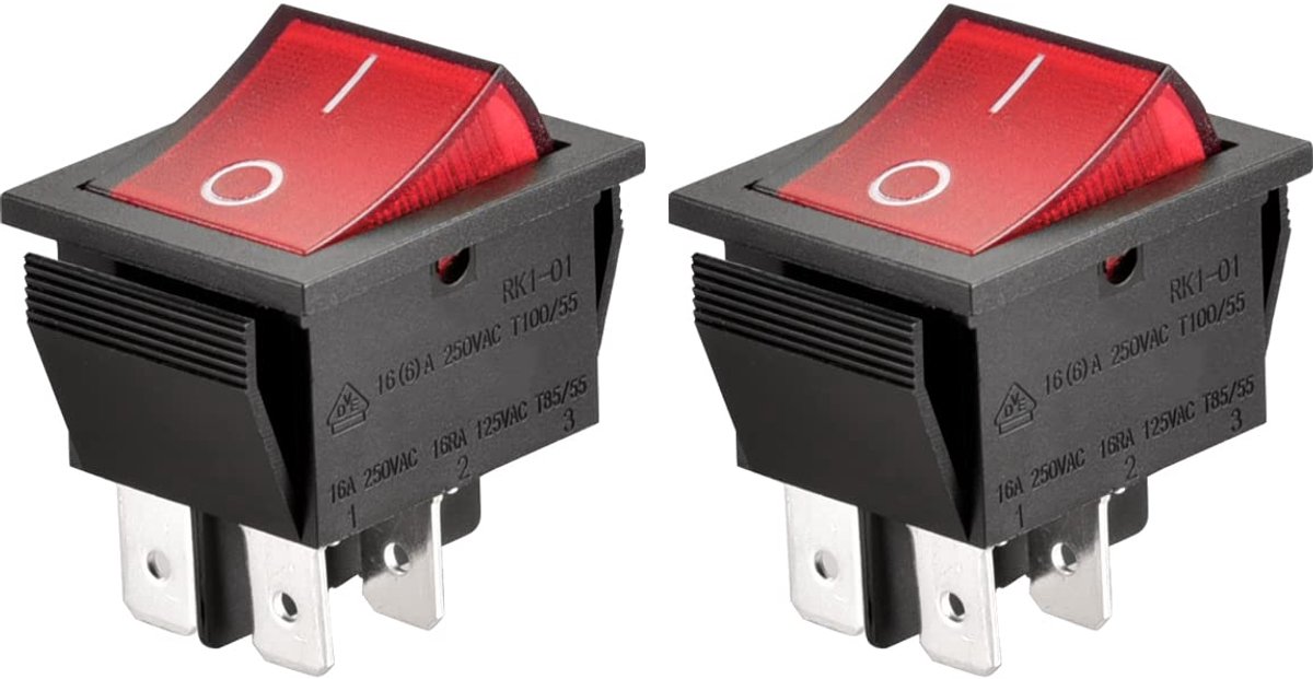 Rocker switch DPDT - 4 endpoints - 16 A 250 VAC - met rode verlichting - voor schakelen van apparaten