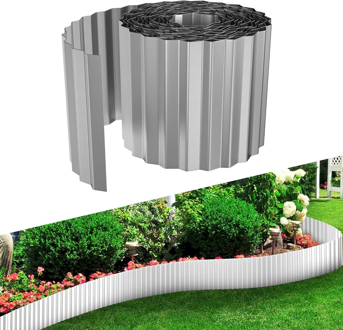 Gazonrand, metaal, 10 m, hoogte 15 cm, verzinkte bloembedrand, flexibele bloembedrand, maairand, wortelblokkering, gazonbegrenzing, tuinpalissade voor tuin en paden, zilver