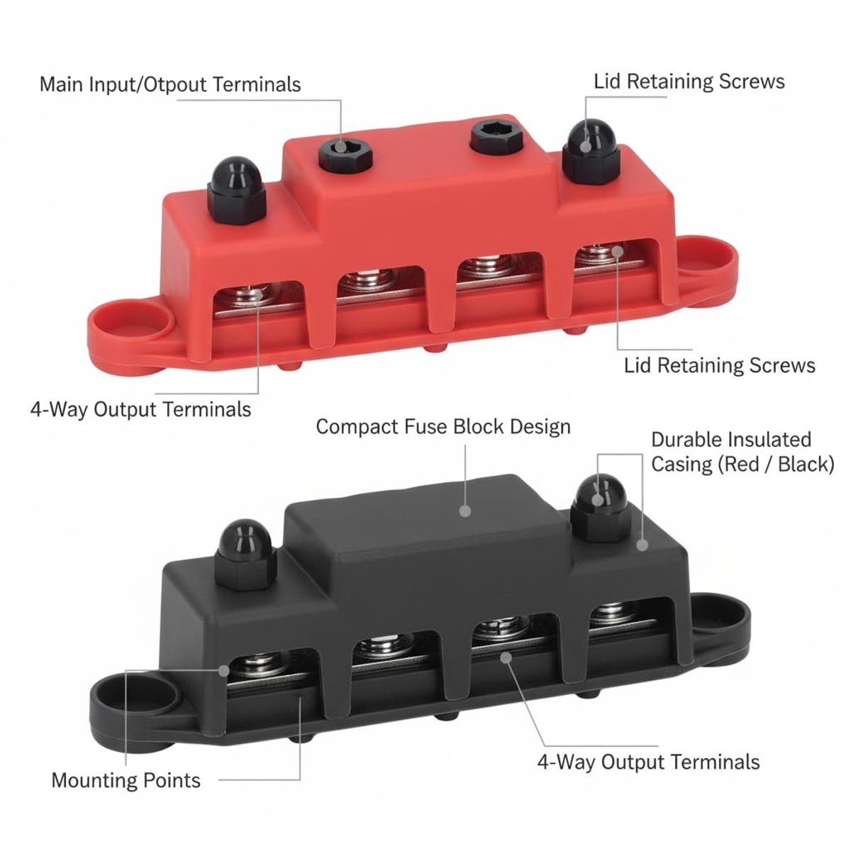 Powerverdelingsblok 2Pcs - DC 48V 250A - 4 Terminal - Messing - Voor auto, voertuig, boot