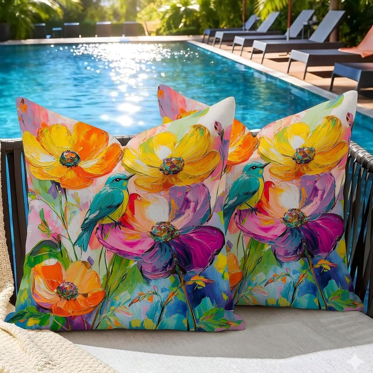 Set van 2 outdoor kussenslopen, 35 x 35 cm, weerbestendig, kleurrijk bloemenmotief, tuinkussen, zomer, modern sierkussen, dubbelzijdige print, bankkussen voor balkon, lounge, terras, woonkamer