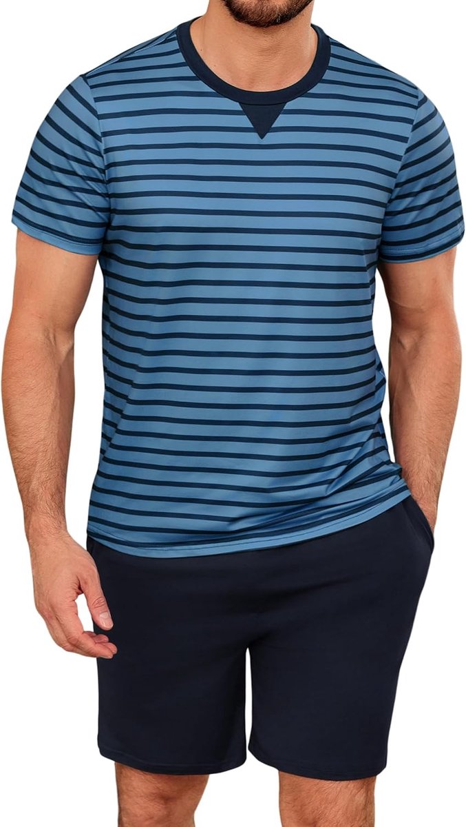 pyjama voor heren, van katoen met contrasterende strepen, zomerpyjamaset, bovendeel en korte broek, vader en partner, groen, L