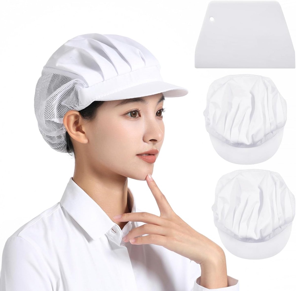2 stuks wit half net en halve doek met schraper, modieuze catering-werkmuts, kok-keukenmuts, anti-olie-rook-mesh-muts, anti-haaruitval catering-muts.