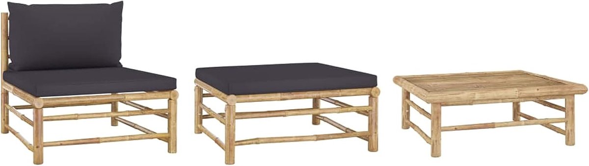 Tuinmeubelset, 3-delig, meubelset, bamboe, huis, terras, keuken, tafel, stoel, zachte zitting met rugleuning en kussen, donkergrijs