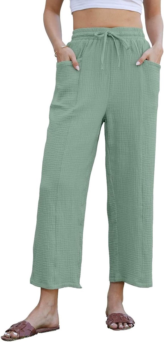 Lichte zomerbroek voor dames van linnen en katoen, lange broek met trekkoord en zakken, zachte broek voor dames, elegant, effen, voor casual strandvakantie