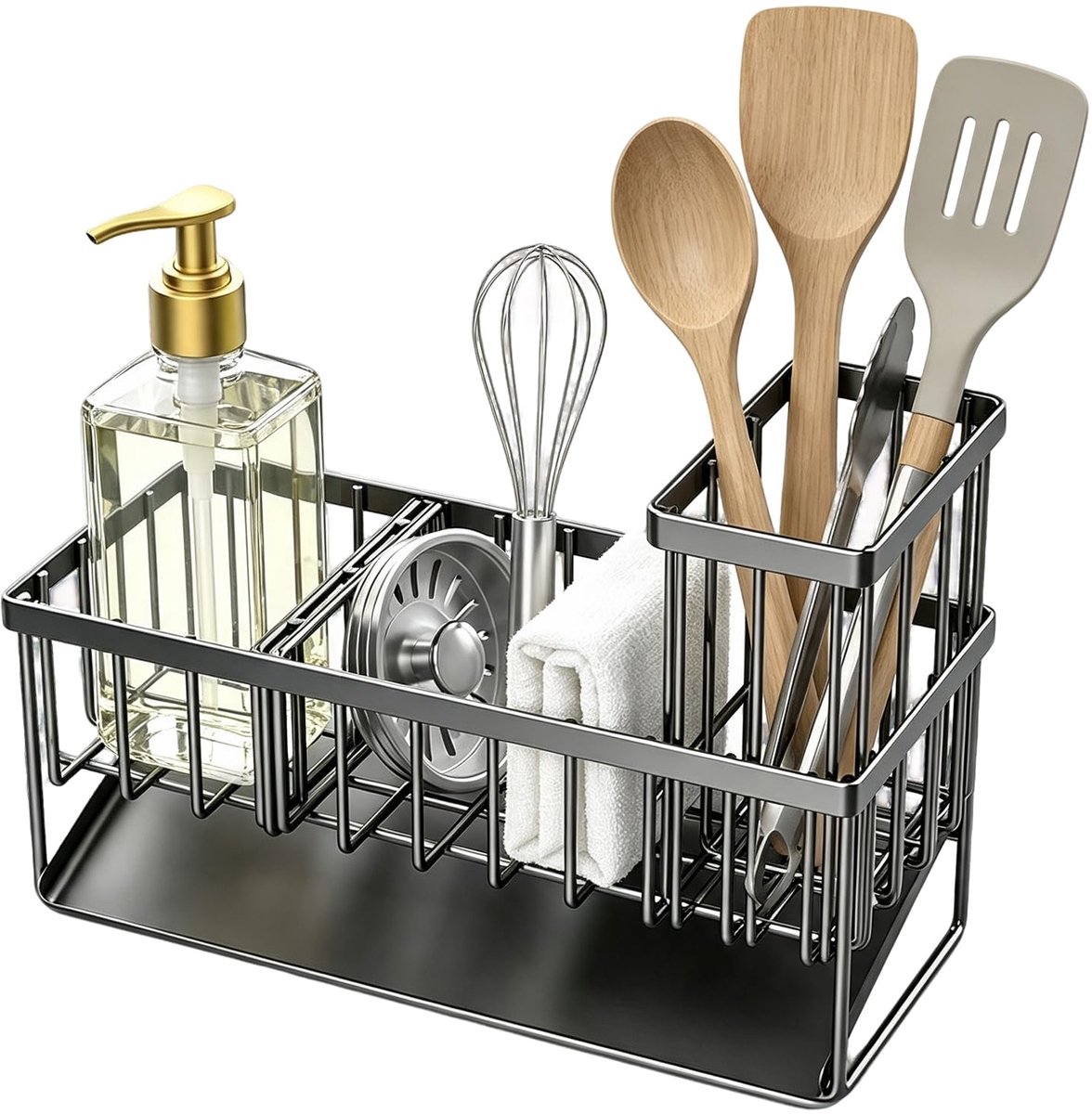 Famanu – Spoelbakorganizer, keuken, 23,2 x 9,3 x 15,8 cm, afwasmiddelhouder, metalen gootsteenorganizer met automatische afvoerplug voor de keuken, opslag, organisatie (grijs)