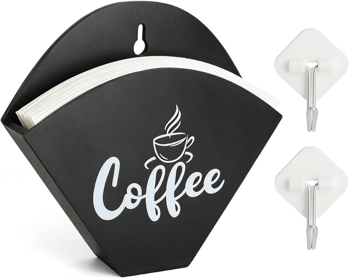 Koffiefilterhouder voor aan de muur met haken, zwart hout, filterzakhouder voor V60 koffiefilter, opslag, zonder boren, koffieaccessoires, keukenorganizer, set van 2 filterhouders voor keuken en