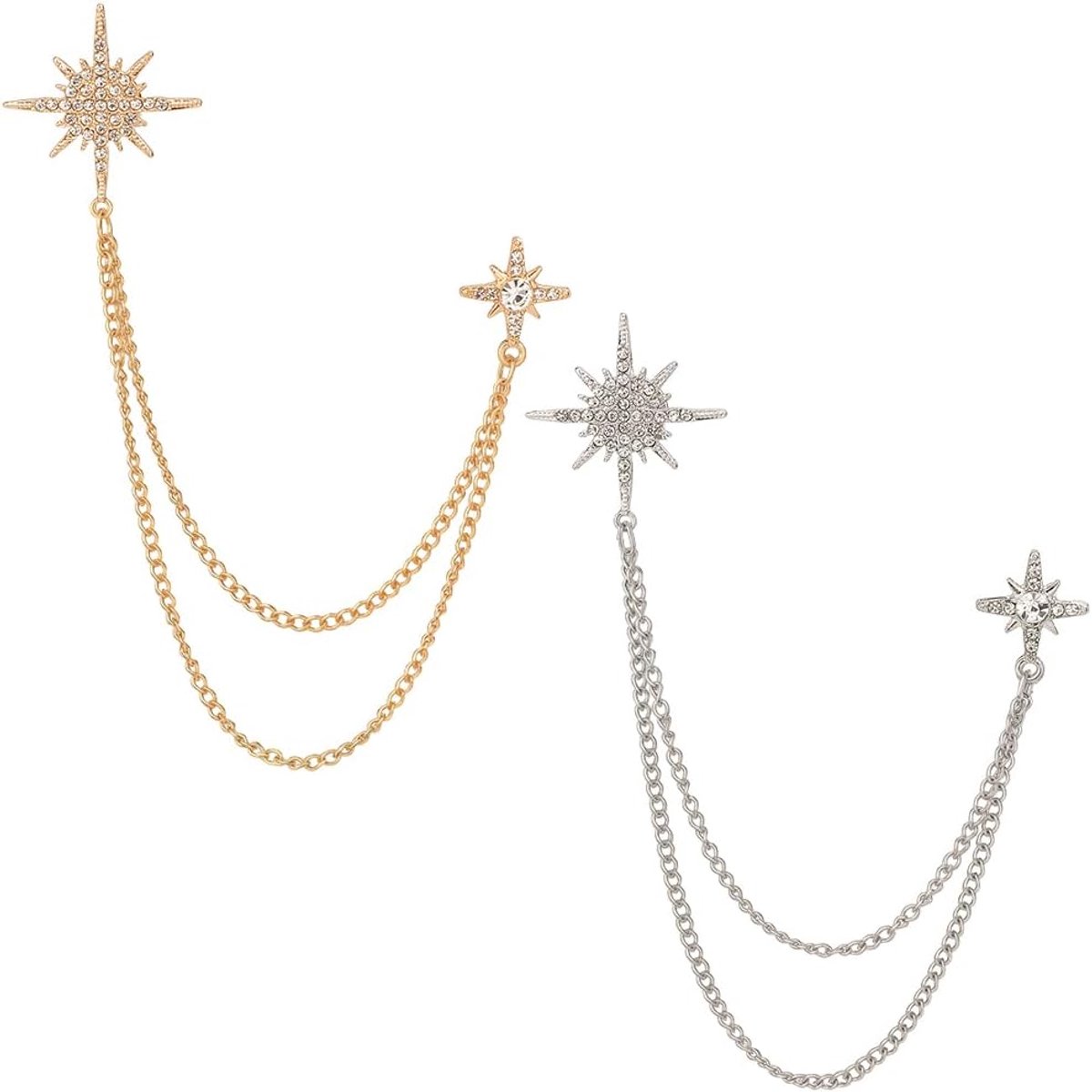 2 stuks 2 kleuren goud zilver hangende ketting broche pakspeld strass kristallen ster borstspeld legering metaal kwast revers kraagspelden voor dames heren kleding jurken bruiloft hoeden tas
