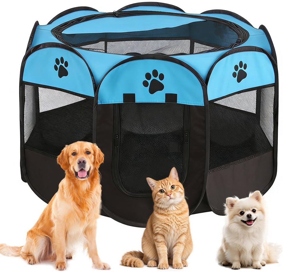 hondenkooi voor woning, 74 x 74 x 43 cm, dierenren, puppyuitloop, buitenverblijf, kattenverblijf voor binnen en buiten, voor kleine dieren zoals honden en katten (lichtblauw + pootafdrukken)