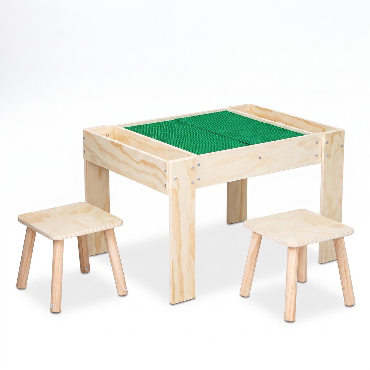 Buxibo Kinderspeeltafel met Bouwplaat – Inclusief 2 Krukjes – Houten Activiteitentafel – 79.5x57.5x50 cm – Naturel