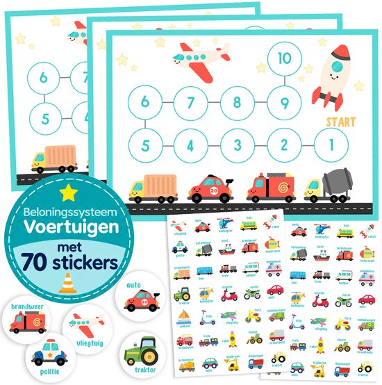 Beloningssysteem met voertuigen en stickers, met de cijfers 1 tot 10 en diverse voertuigen zoals auto's, een brandweerwagen en een raket.