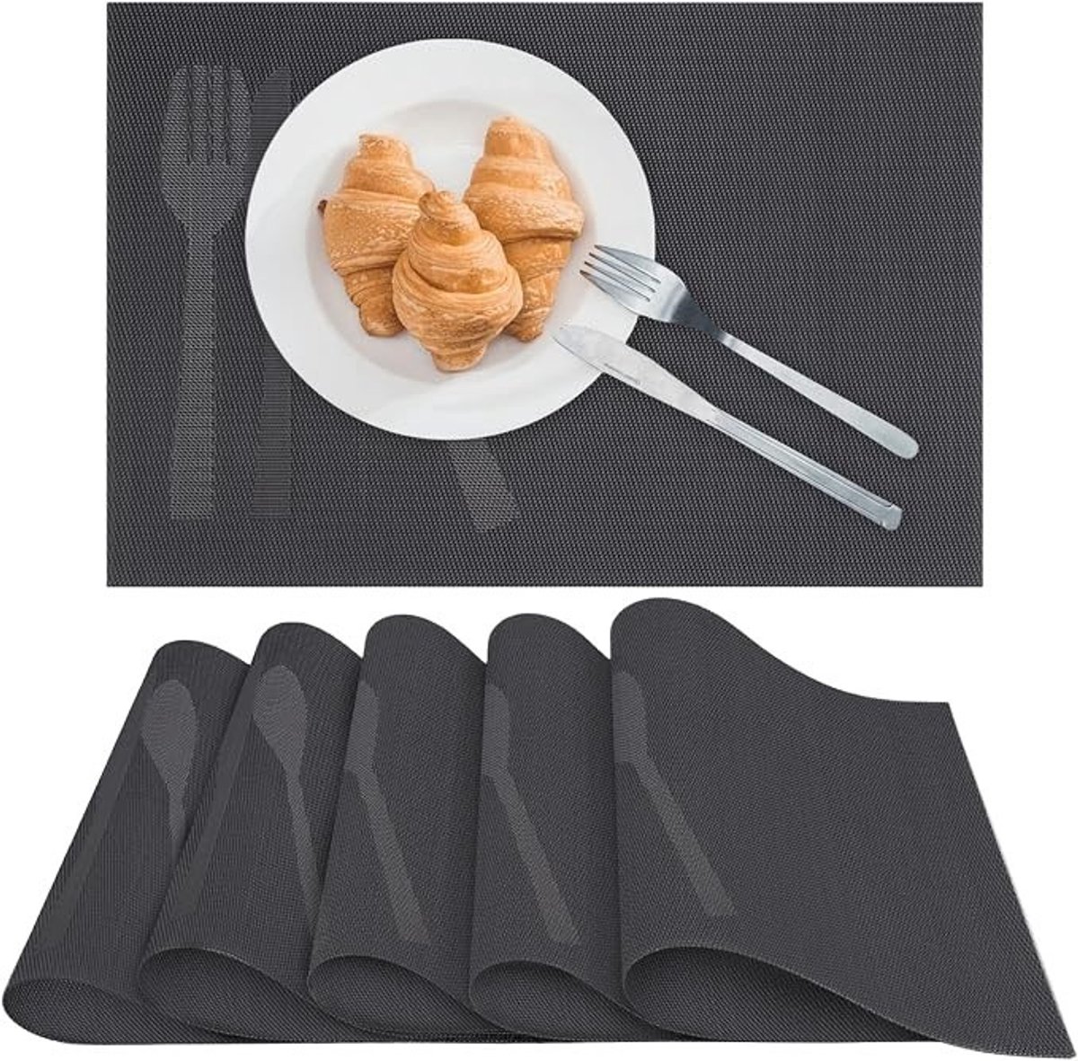 Livatto Set van 6 placemats 45 x 30 cm – afwasbaar, antislip, hittebestendig tot 80 °C, donkergrijs met bestek-motief