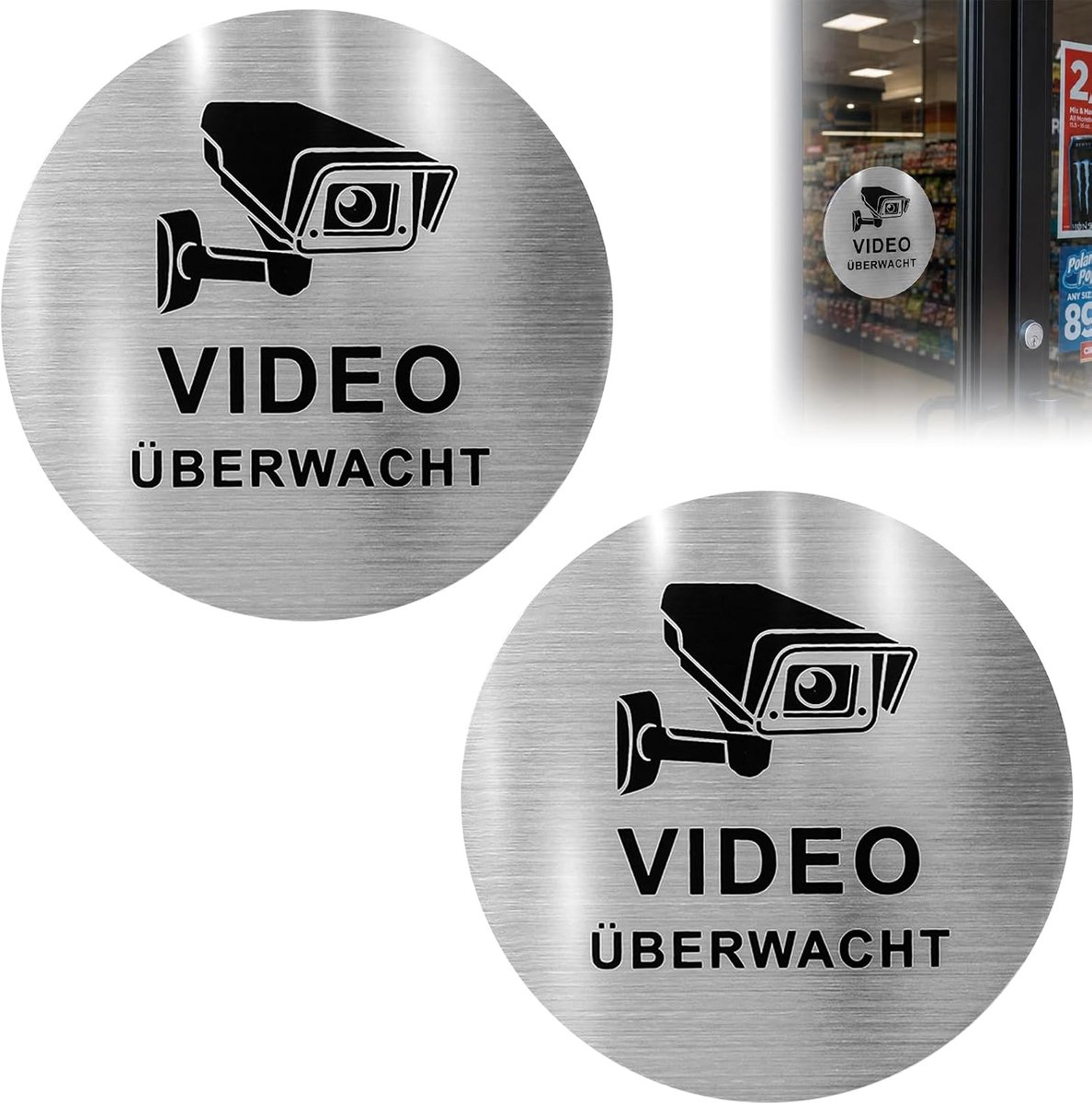2 stuks borden voor videobewaking, aluminium bord voor videobewaking, zelfklevende borden, camerabewaking, voor openbare en particuliere plaatsen, 10 cm rond
