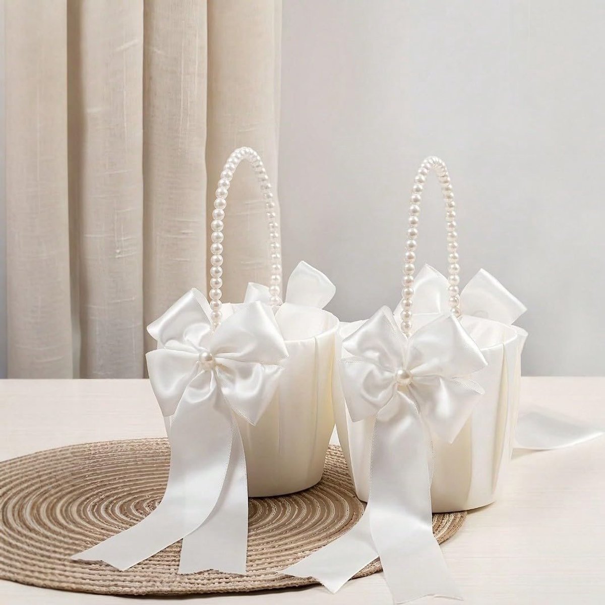 2 stuks - Bruidsmandjes voor bloemenmeisjes, ivoren mandjes voor bloemenmeisjes, dubbele sets met parelhandvatten - 16*23.5cm