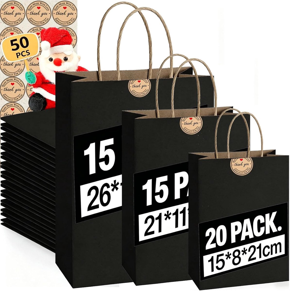 50 stuks kraftpapieren zakken met handgrepen - geschenkzakken van gemengde grootte voor zaken, winkelen, detailhandel, feest, gunst, koopwaar, zakken restaurant afhalen - 130 GMS dikkere kraftzakken