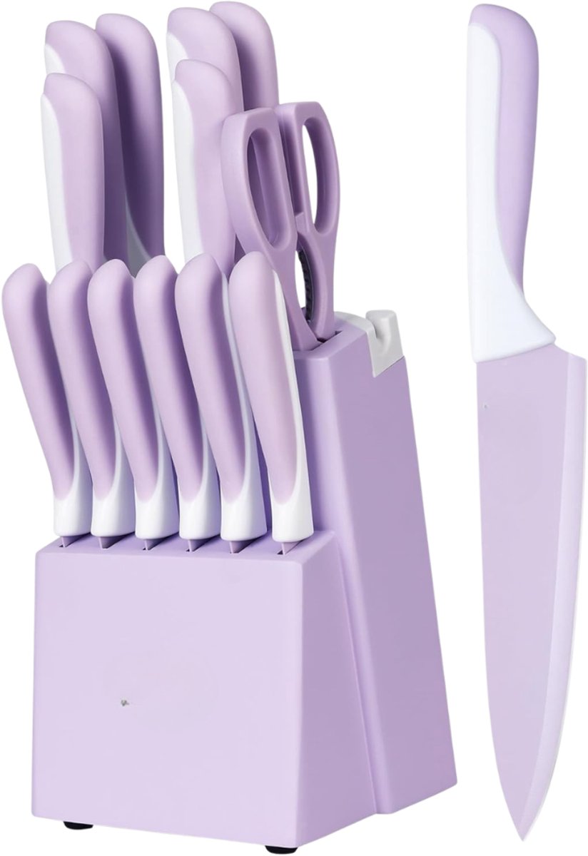 Verte - Keukenmessenset met Blok - 14-Delige Messenset - Met Ingebouwde Slijpsteen - Antiaanbaklaag - Vaatwasmachinebestendig - Ergonomische Handgrepen - Ruimtebesparend - Ideaal Als Cadeau Of Voor Een Moderne Keuken