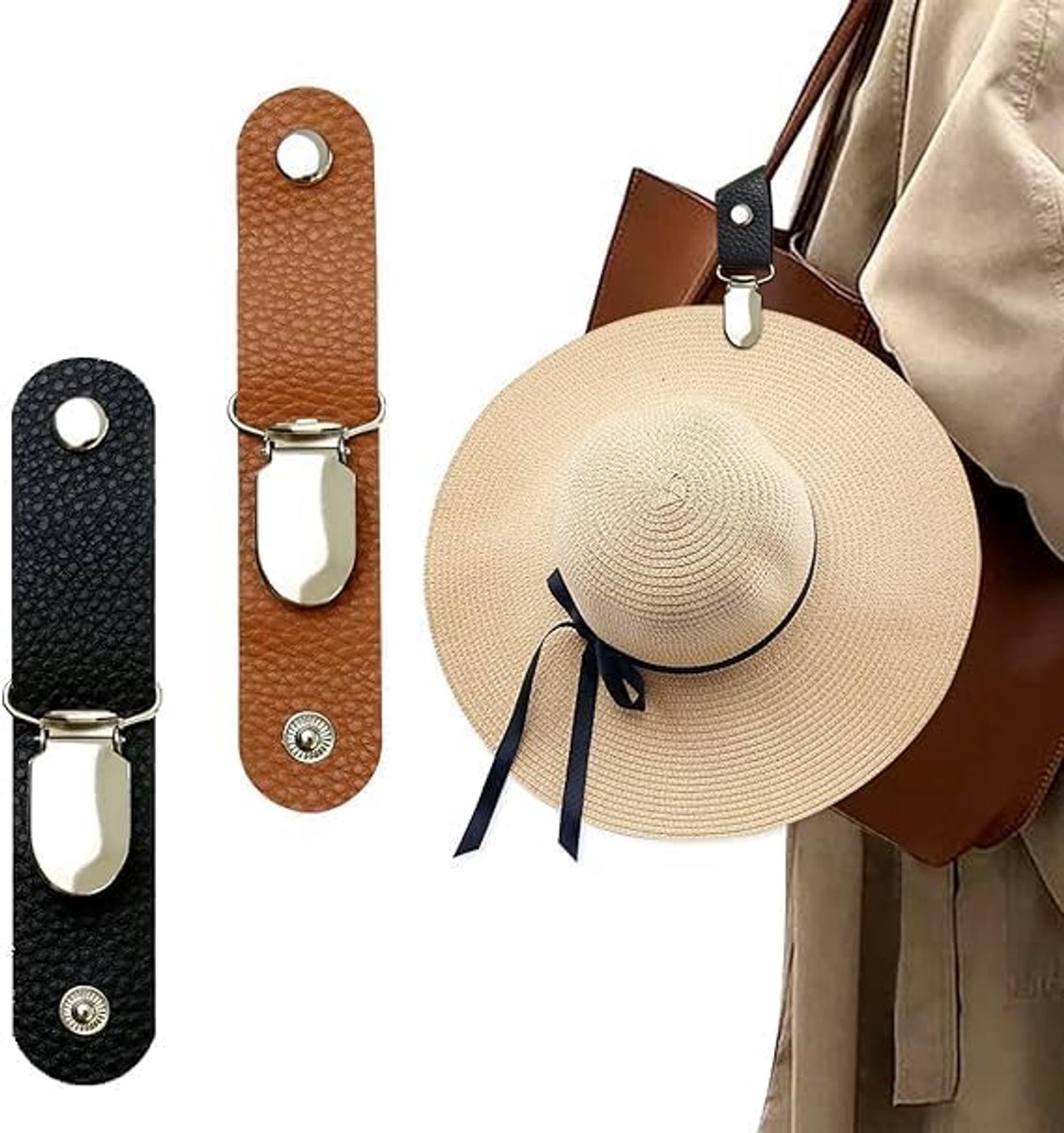 Hoedclip voor op reis, 2 stuks, multifunctionele hoedhouder, reishoedclips van PU-leer, draagbare hoedclip voor dames, voor reistassen, rugzakken, portemonnees