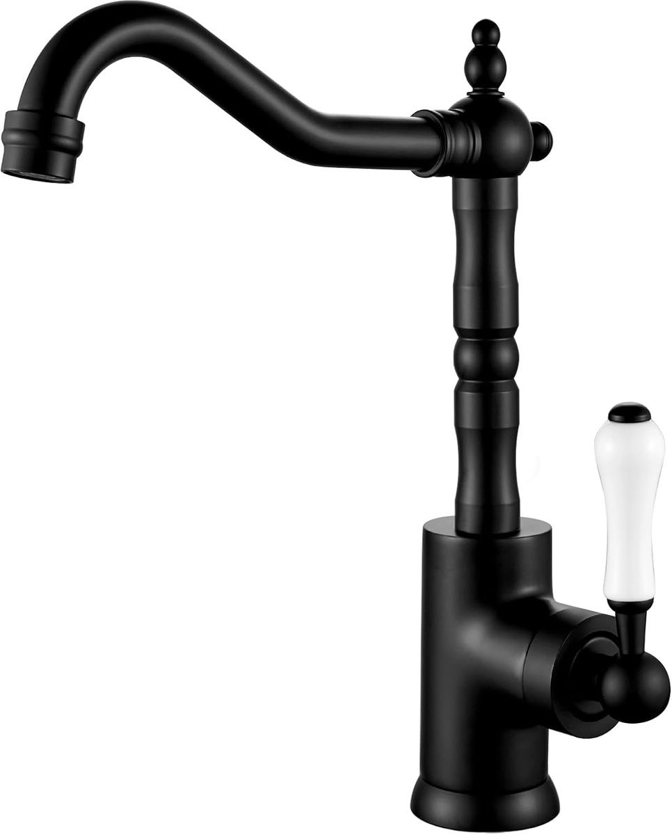 Kraan badkamer zwart retro, wastafelarmatuur hoog voor badkamer/keuken wastafelarmaturen, eengreepsmengkraan met uitloophoogte 280 mm hoog (mat zwart, messing)