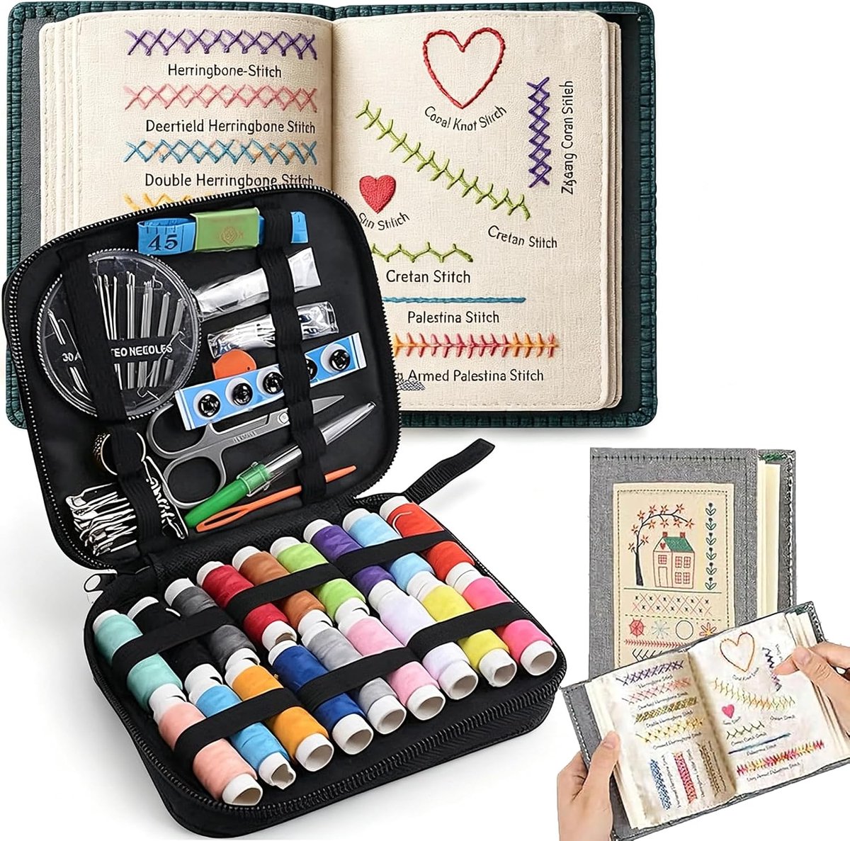 Creatieve Stitch Boek, Generisch Embroidery Stitch Sampler Book Kit Doe-het-zelf-naaiset met Gereedschap en 106 Patronen Feestelijk Creatief Cadeau voor Beginners en Knutselliefhebbers