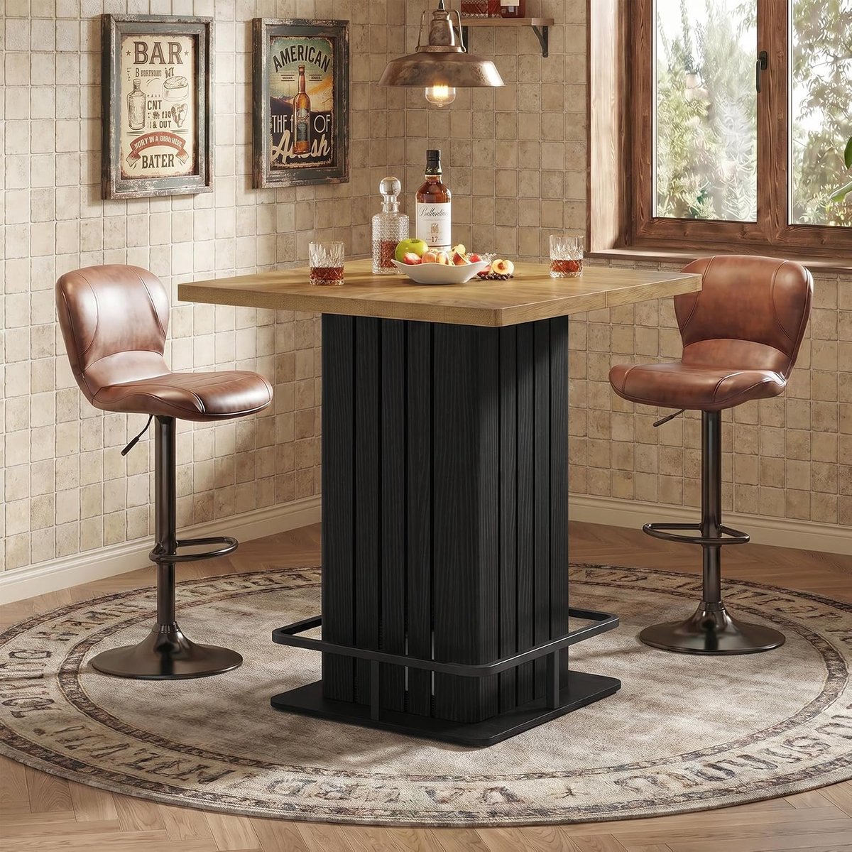 Tribesigns vierkante Bartafel - 85 × 85 × 96 cm - Cocktailtafel met metalen voetsteun - Voor koffiebars, woningen en kleine ruimtes - bruin