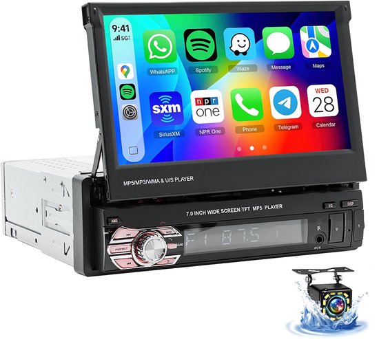 ESSGOO 1 DIN autoradio met Bluetooth - Apple CarPlay & Android Auto - 7" HD touchscreen handmatig opvouwbaar scherm - 12 LEDs achteruitrijcamera