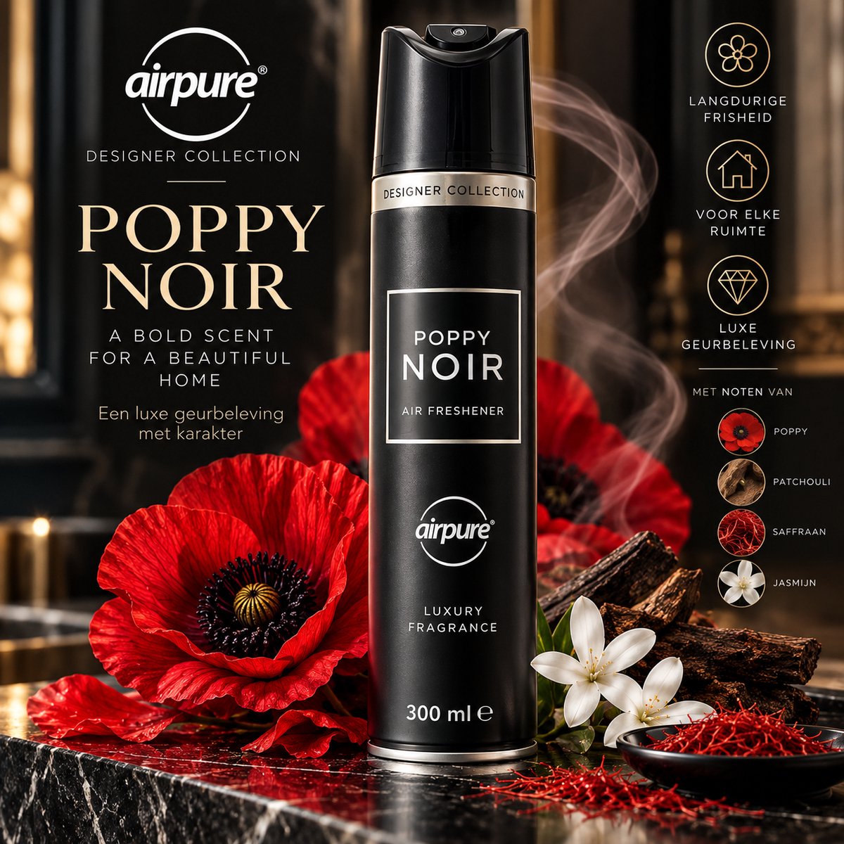 Airpure Designer Collection Poppy Noir Luchtverfrisser – 300 ml – Luxe Huisparfum met Patchouli, Saffraan & Jasmijn