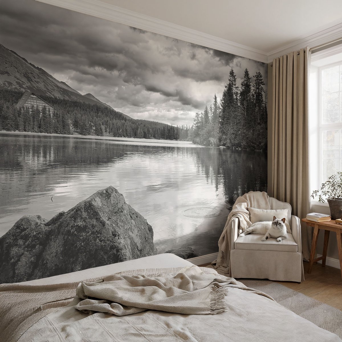 Coloray Vliesbehang - Zwart-Wit Snellijm Behang - 152x104 cm - Bergpanorama Muurschildering - Gang behang Landschappen - Fotobehang Vlies - Gang behang