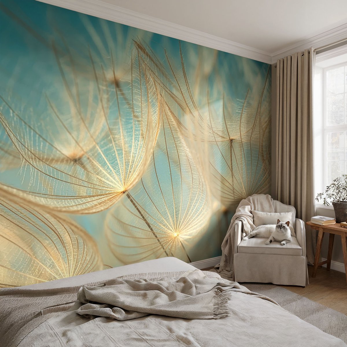 Coloray Vliesbehang - Beige Snellijm Behang - 104x70 cm - Etherische Paardenbloemen Fotobehang Vlies - Hal behang Bloemen En Planten - Muurschildering - Woonkamer behang