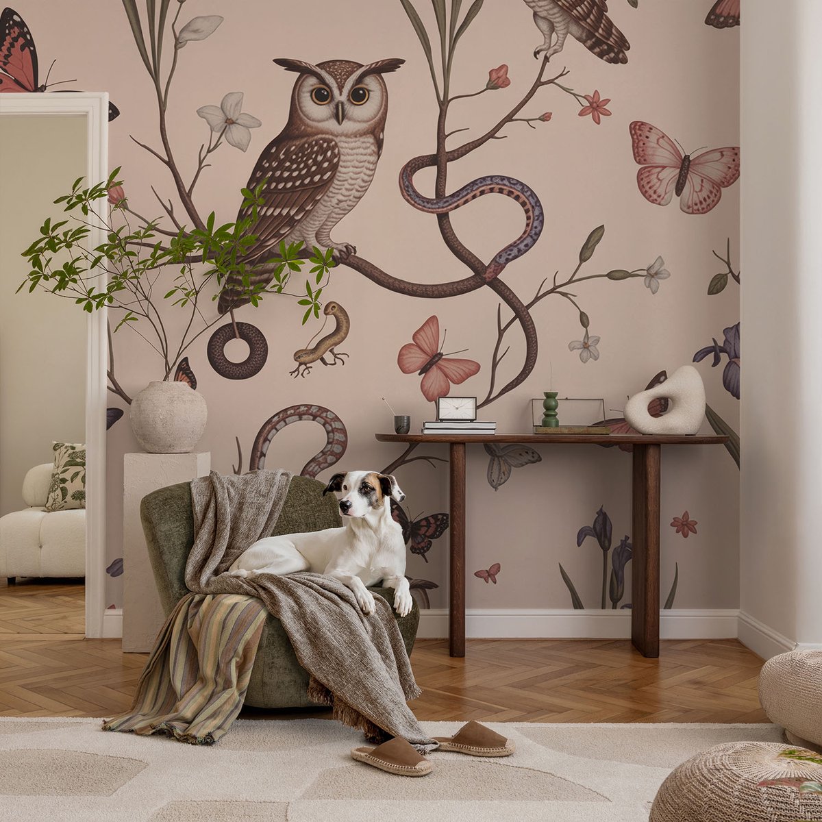 Coloray Vliesbehang - Beige Snellijm Behang - 104x70 cm - Uil Natuur Fotobehang Vlies - Woonkamer behang Bloemen En Planten - Muurschildering - Woonkamer behang