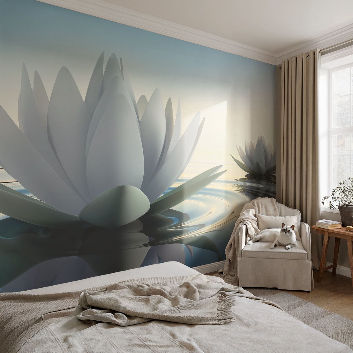 Coloray Vliesbehang - Wit Snellijm Behang - 104x70 cm - Waterlelies Fotobehang Vlies - Hal behang Bloemen En Planten - Muurschildering - Hal behang