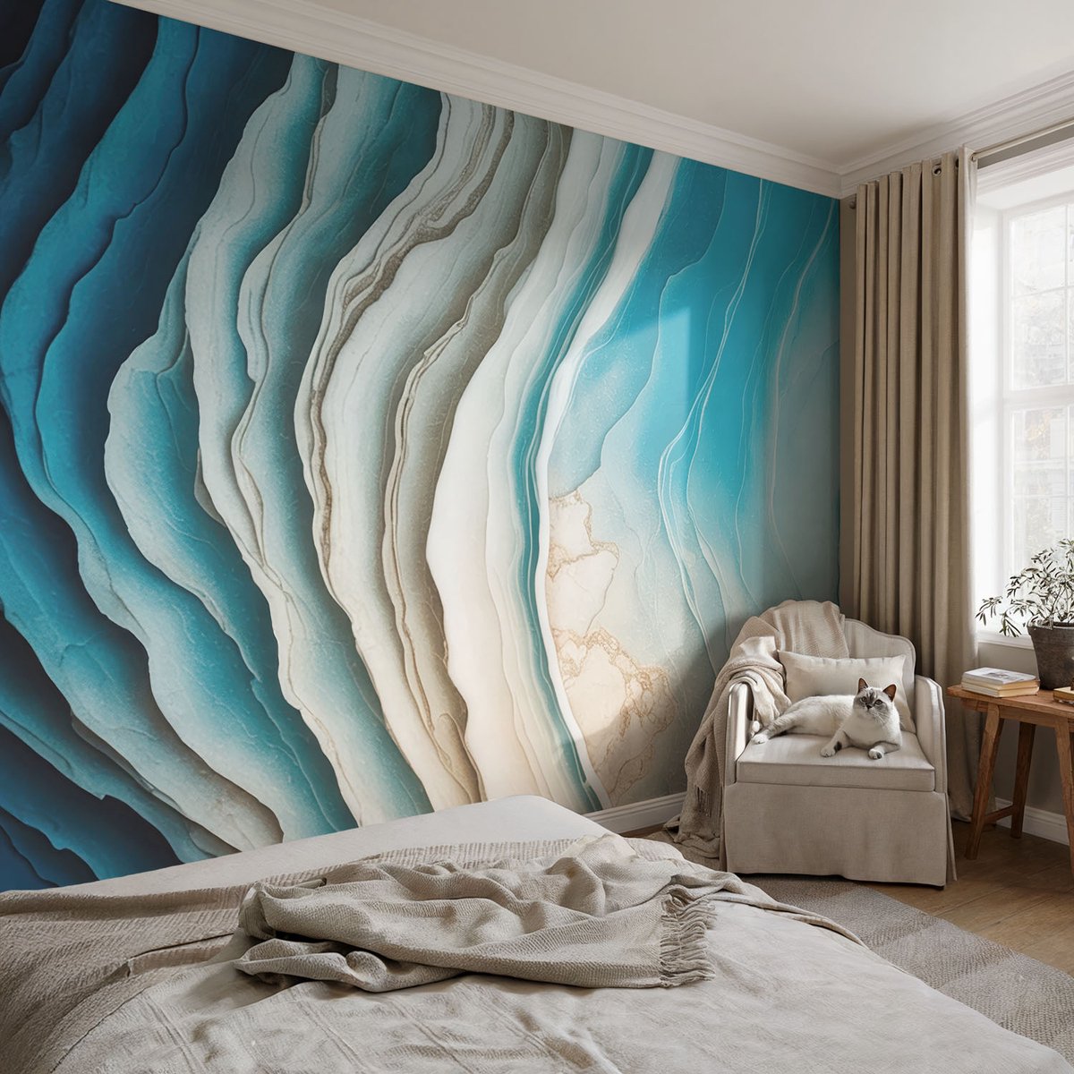 Coloray Vliesbehang - Blauw Snellijm Behang - 104x70 cm - Golven Van Harmonie Fotobehang Vlies - Hal behang Abstractie - Muurschildering - Woonkamer behang