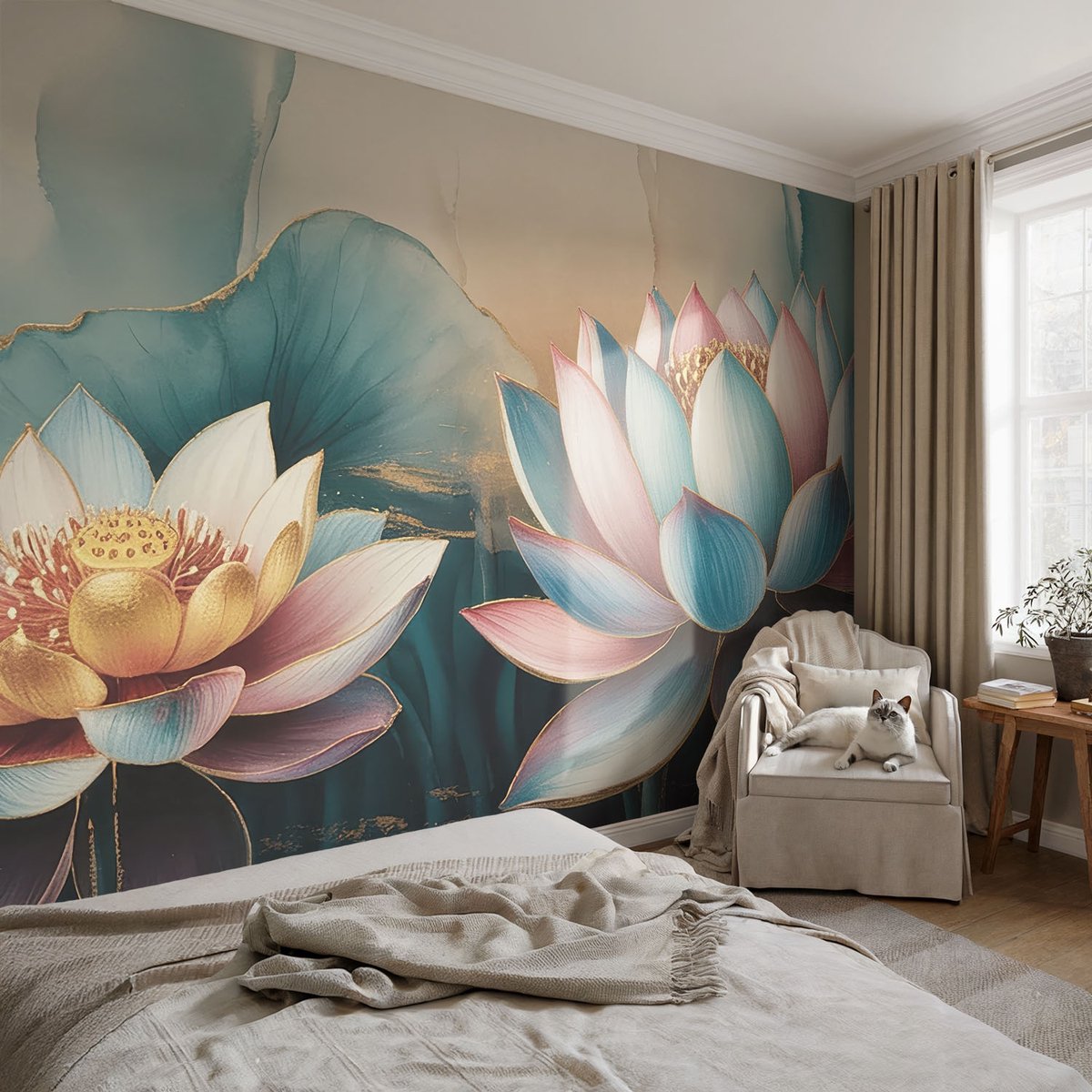 Coloray Vliesbehang - Blauw Snellijm Behang - 104x70 cm - Lotusbloemen Van Harmonie Fotobehang Vlies - Woonkamer behang Bloemen En Planten - Muurschildering - Woonkamer behang