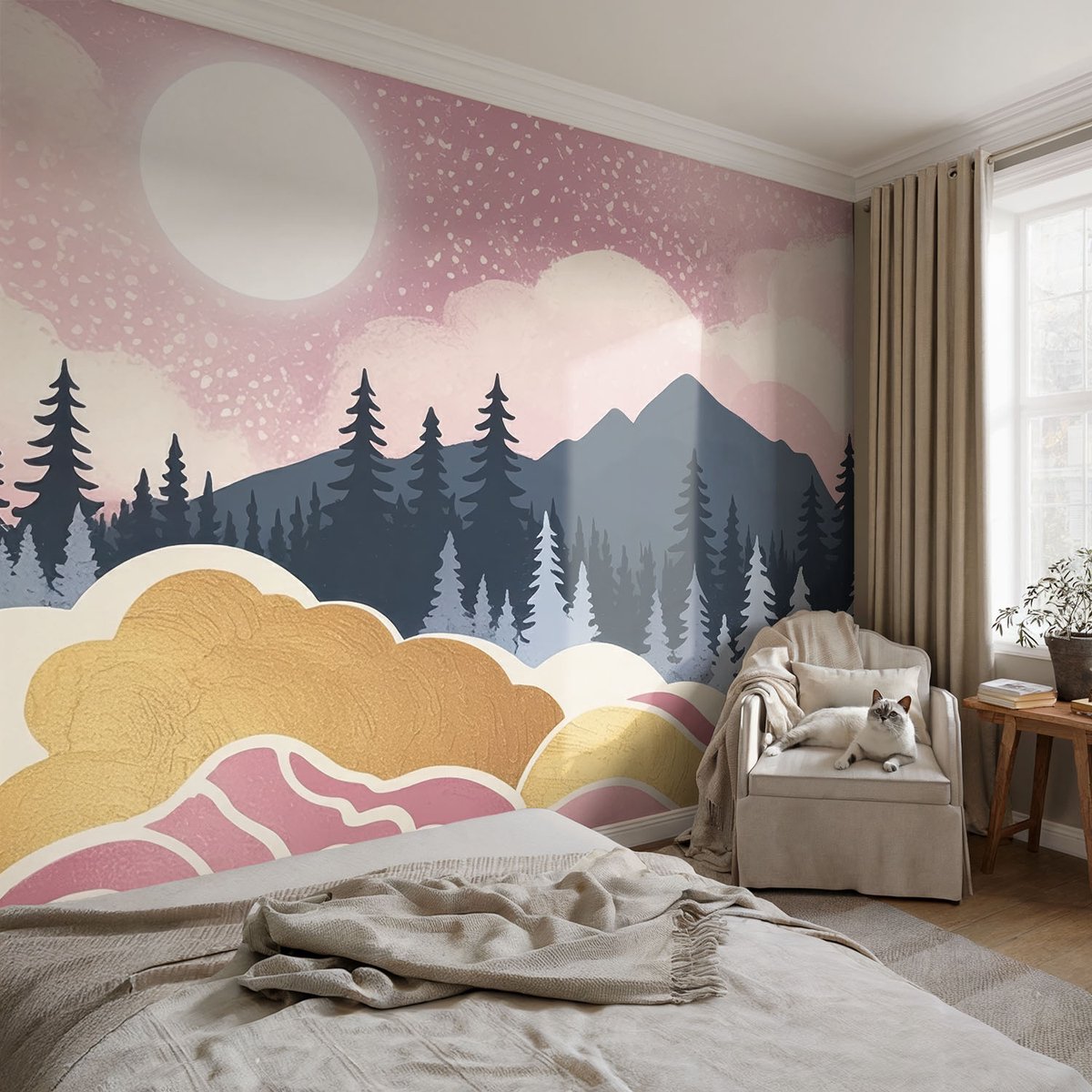 Coloray Vliesbehang - Roze Snellijm Behang - 104x70 cm - Roze Zonsondergang Muurschildering - Gang behang Landschappen - Fotobehang Vlies - Slaapkamer behang