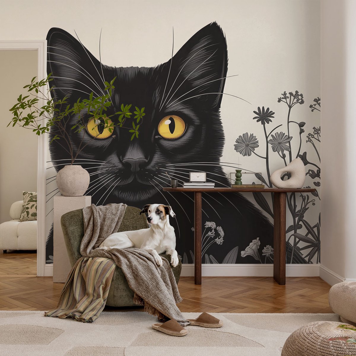 Coloray Vliesbehang - Wit Snellijm Behang - 104x70 cm - Kattenbloemen Fotobehang Vlies - Woonkamer behang Dieren - Muurschildering - Hal behang