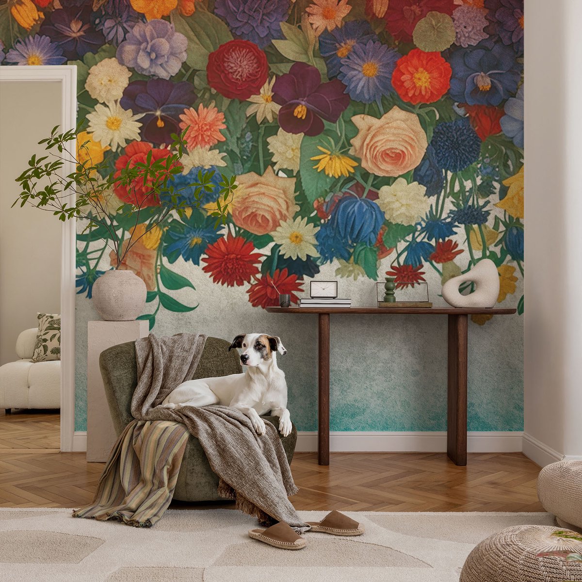 Coloray Vliesbehang - Zwart Snellijm Behang - 104x70 cm - Kleurrijke Bloemen Muurschildering - Slaapkamer behang Bloemen En Planten - Fotobehang Vlies - Slaapkamer behang