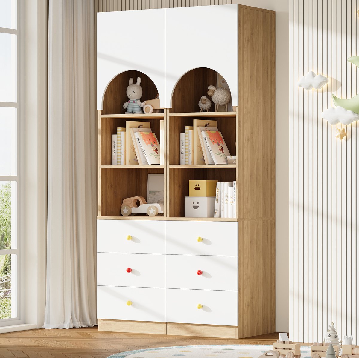 FloraGrace Boekenkast - Tweedelige Opbergkast Met 3 Lades En 3 Planken - Voor Kinderkamer En Slaapkamer - MDF - 100x50x200 Cm - Wit