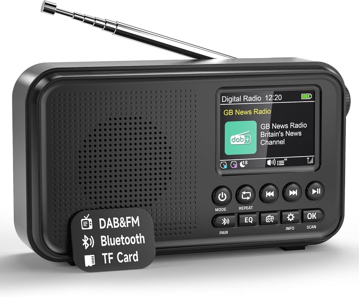 Draagbare DAB/DAB+ radio, 80 vooraf ingestelde FM-digitale radio met 3000 mAh accu, keukenradio met Bluetooth 5.0, EQ-modi, slaaptimer, snooze, TF/3,5 mm AUX-aansluiting, dubbel alarm