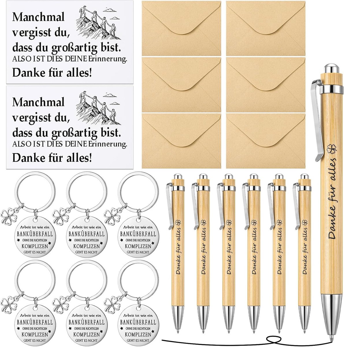 6 Set Cadeaus Voor Collega's Bevat 6 Balpennen 6 Bedankbriefjes en 6 Metalen Sleutelhangers Bedankt Cadeau Voor Teamleden Collega's en Medewerkers Afscheidscadeau Pensioen