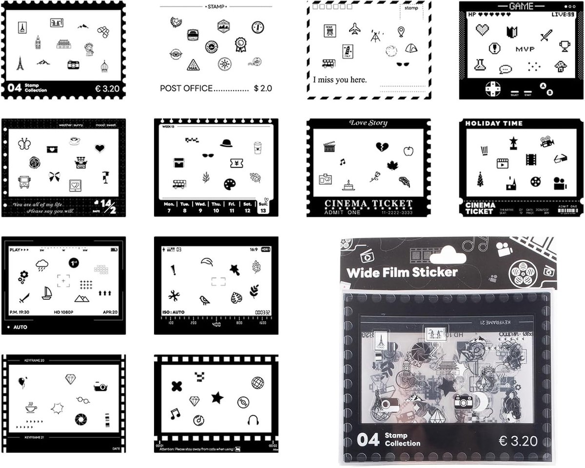 12 stuks fotorandstickers compatibel met Fujifilm Instax Wide Film, decoratieve fotostickers voor Instax Wide 400/300/210/EVO instant camerafilm - Retro serie