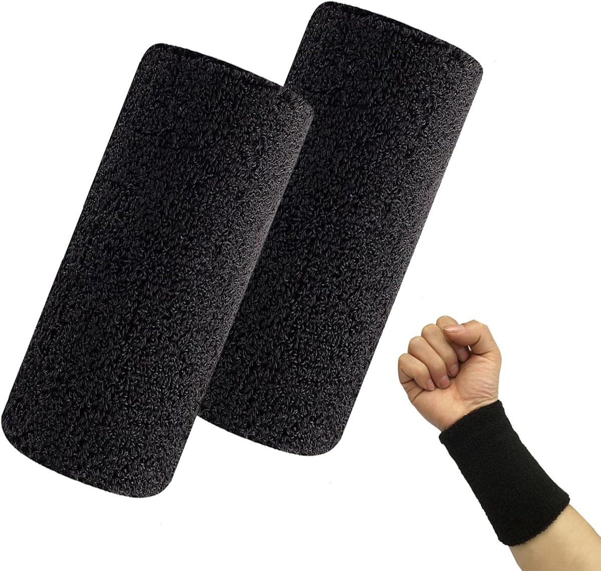2 stuks sportpolsen, polssteun, absorberende armbanden, sweatband, polsband, sportarmbanden van katoen, voor sportschool, hardlopen, tennis, basketbal, zwart
