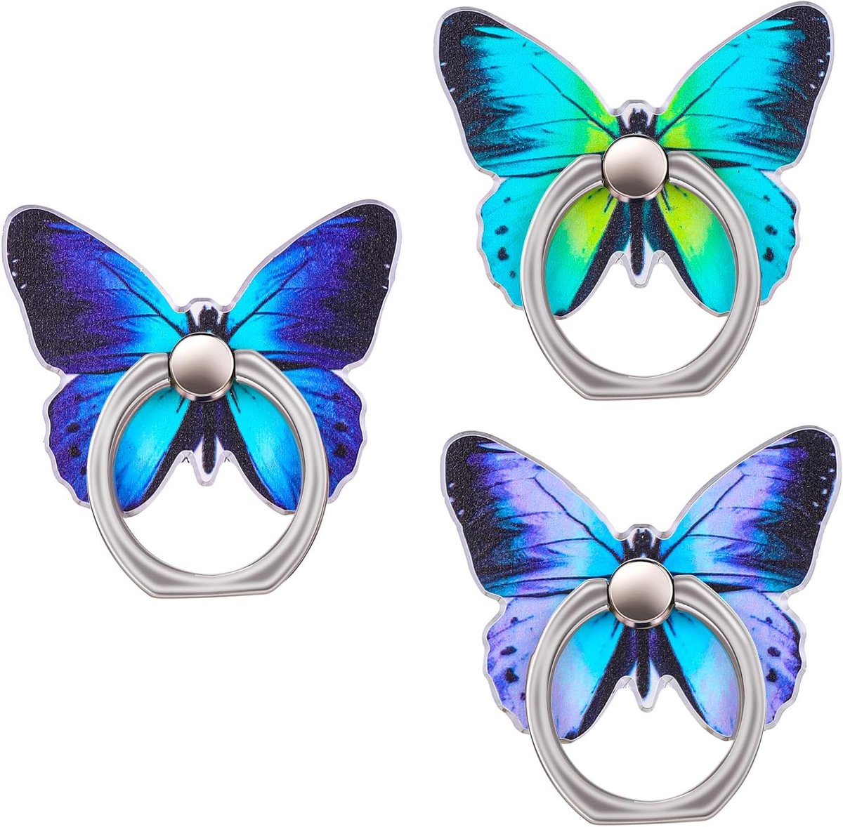 3 stuks vlinders mobiele telefoonringhouder, mobiele telefoon ringstandaard schattig vlinderpatroon metalen vingerstandaard 360 graden draaibare ringhouder handvat met knooplus (blauw)