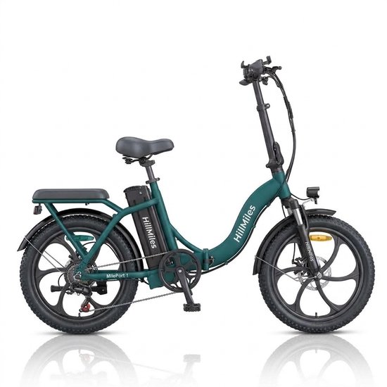 Groene HillMiles e-bike met dikke banden en bagagedrager.