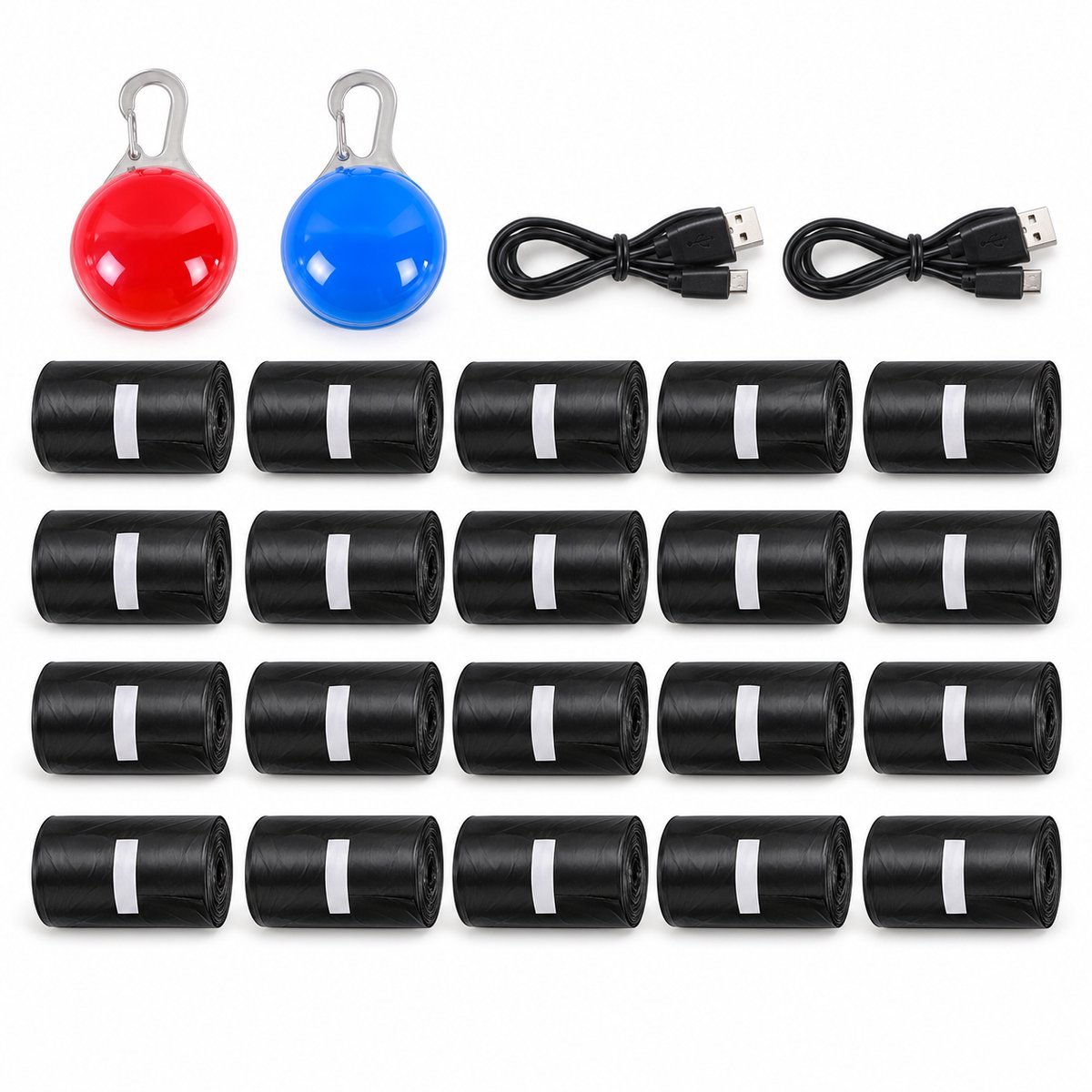 Professor Q Wandelset voor 2 Honden - USB-LED-Lampjes Rood en Blauw met Snoeren - 300 Poepzakjes op 20 Rollen
